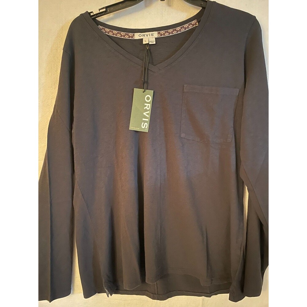 Orvis Canyon V-Neck Long Sleeve Top T-Shirt Tee Womens L Blue 100% Cotton NWT